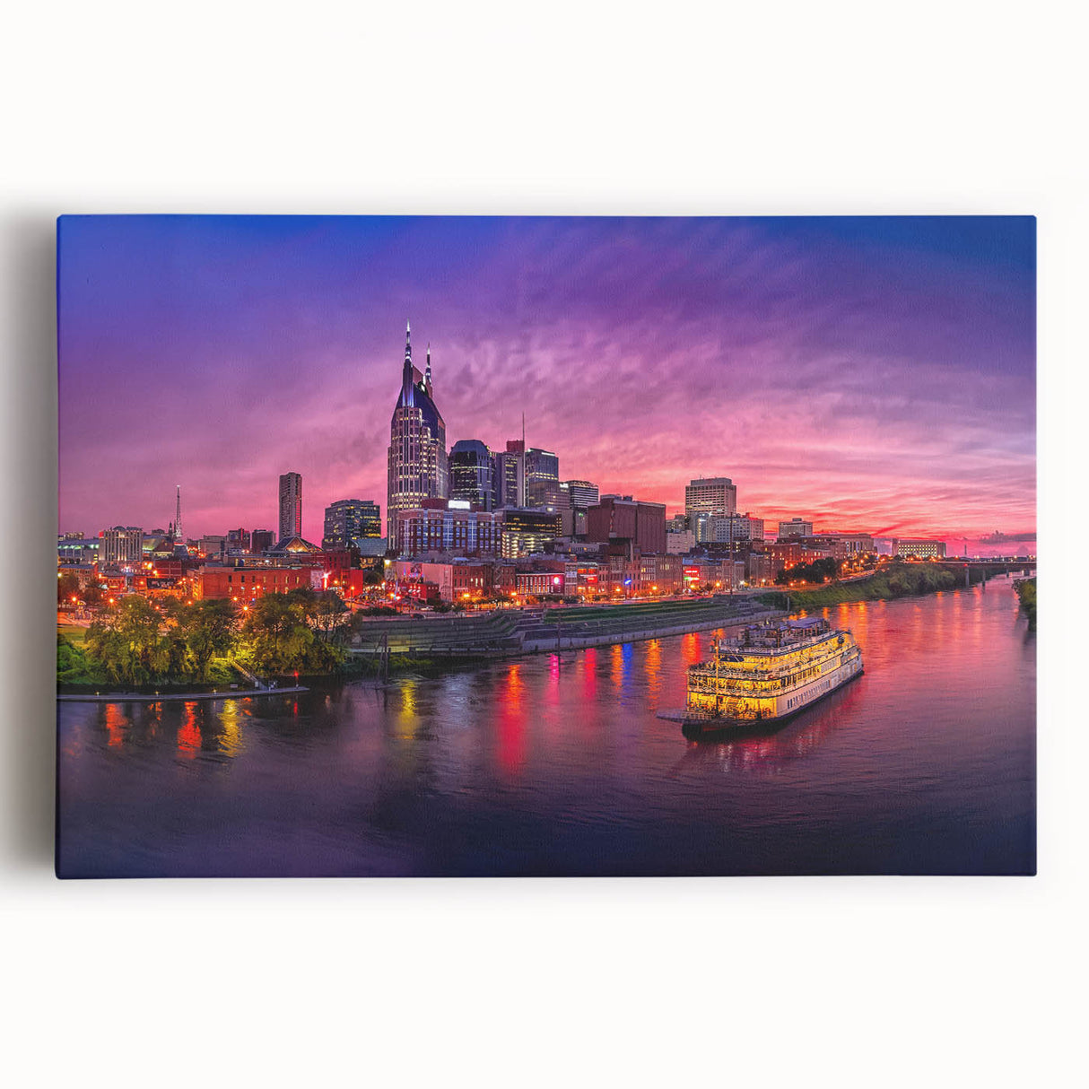 Black and white stretched canvas of Nashville skyline, ideal for kitchen wall art.