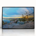 Large abstract wall art featuring a stylized Austin skyline in muted tones, acrylic print in black frame.