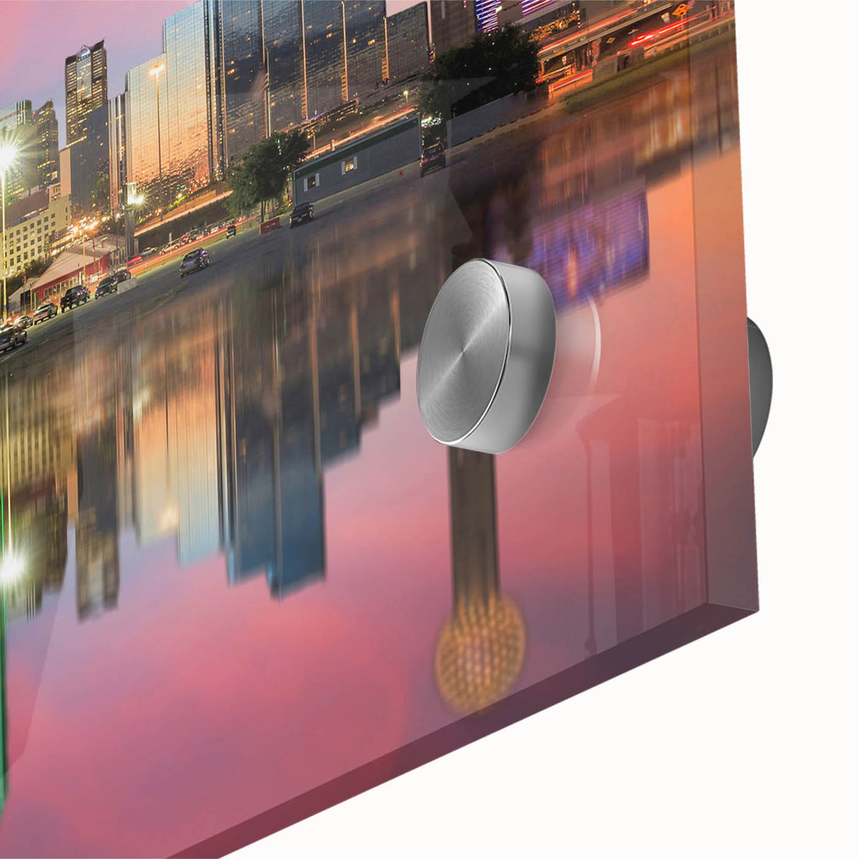 Large abstract depiction of Dallas skyline in muted blue and gray tones on acrylic glass, suitable for dining room art.