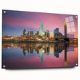 Large abstract depiction of the Dallas skyline in muted blue tones on acrylic glass.