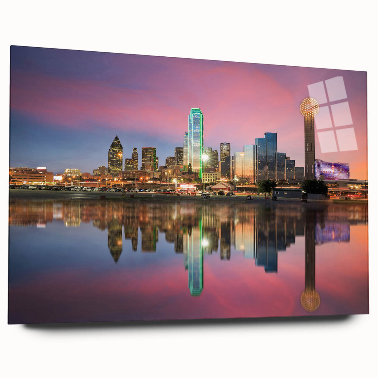 Large abstract wall art of Dallas skyline in muted blue tones on acrylic glass, suitable for bedroom or dining room decor.