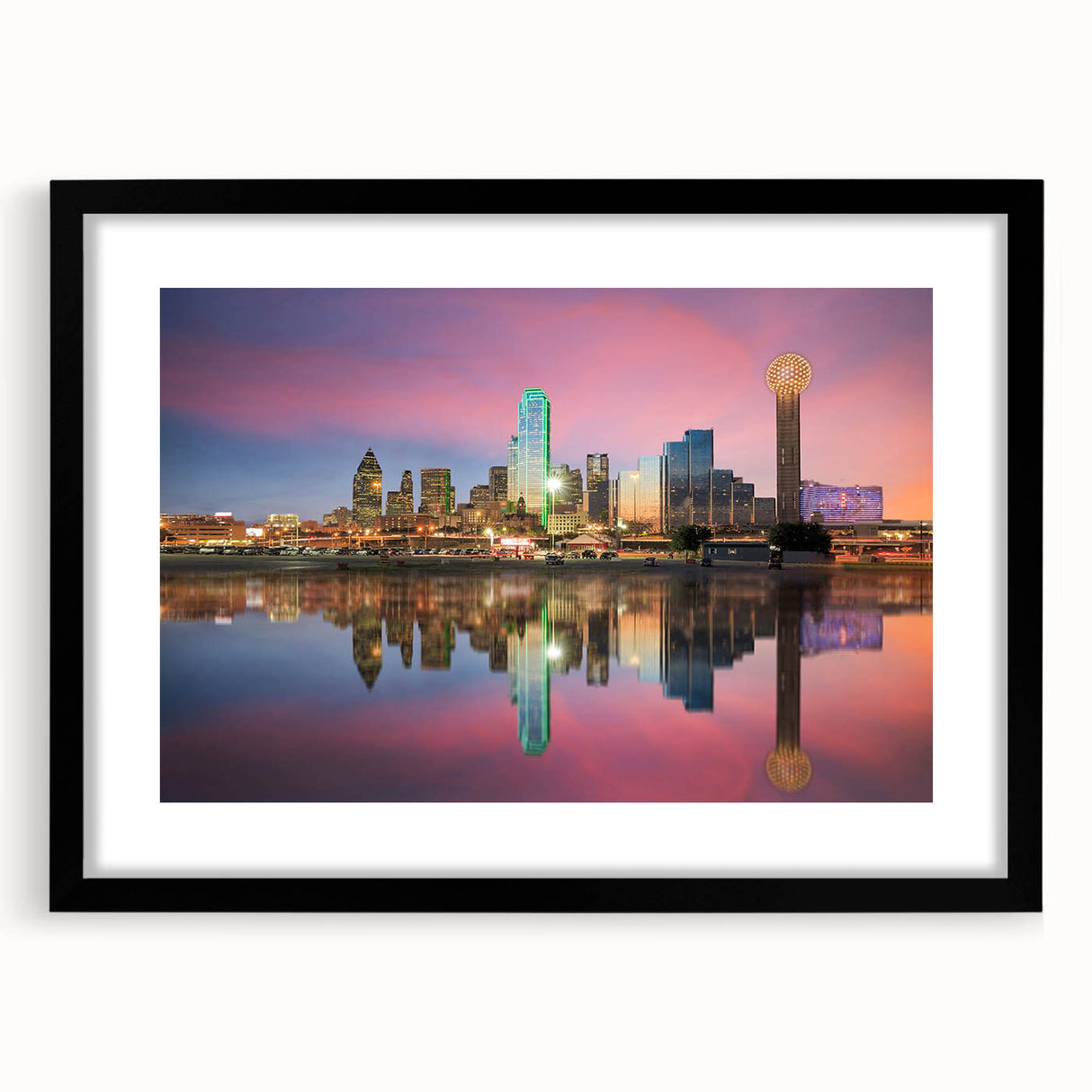 Abstract art print of Dallas skyline in vibrant, colorful hues on a large textured canvas, ideal for living room decor.