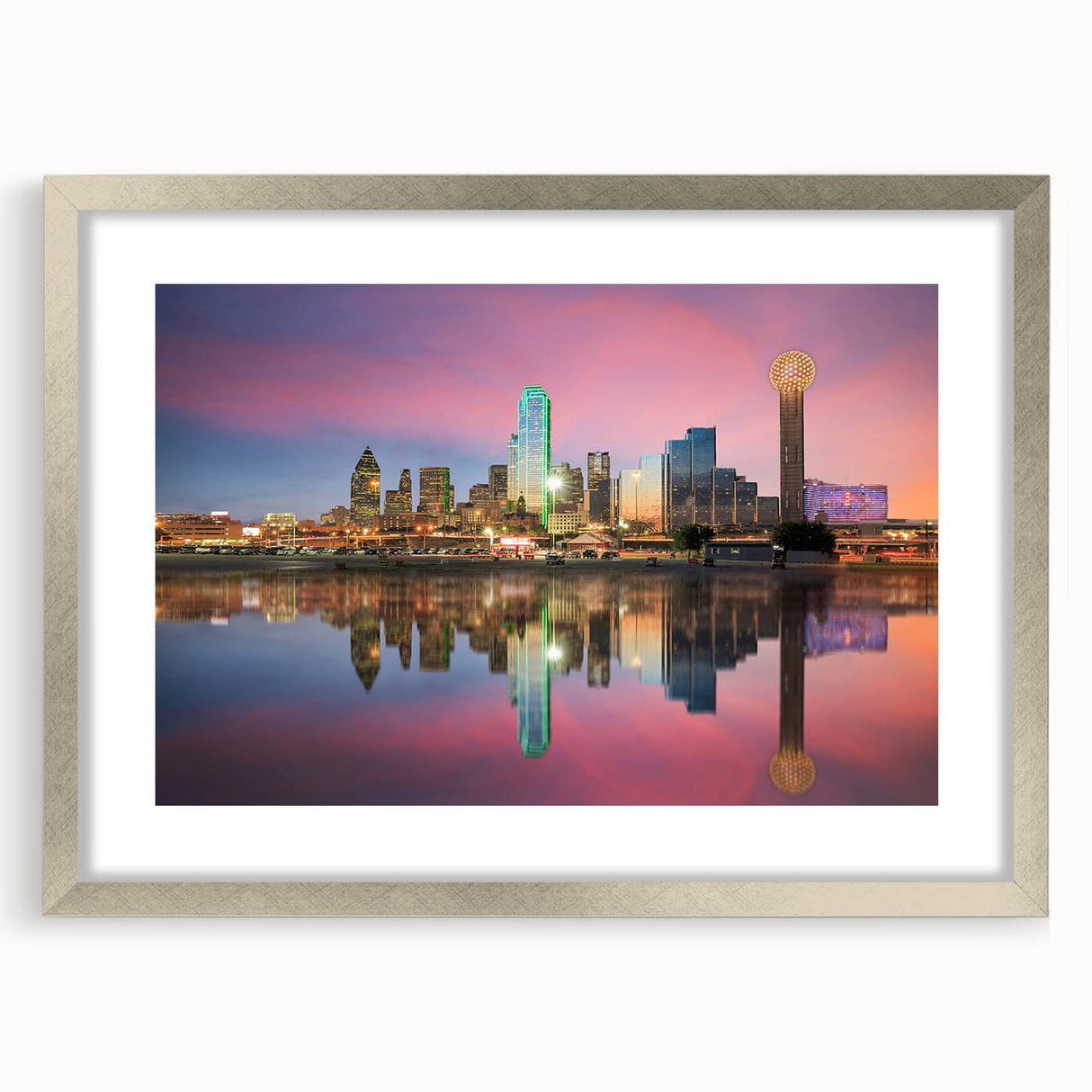 Textured abstract art print of Dallas skyline in muted gray tones on a framed silver mat, ideal for modern bedroom decor.