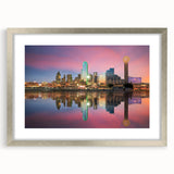 Textured abstract art print of Dallas skyline in muted gray tones on a framed silver mat, ideal for modern bedroom decor.