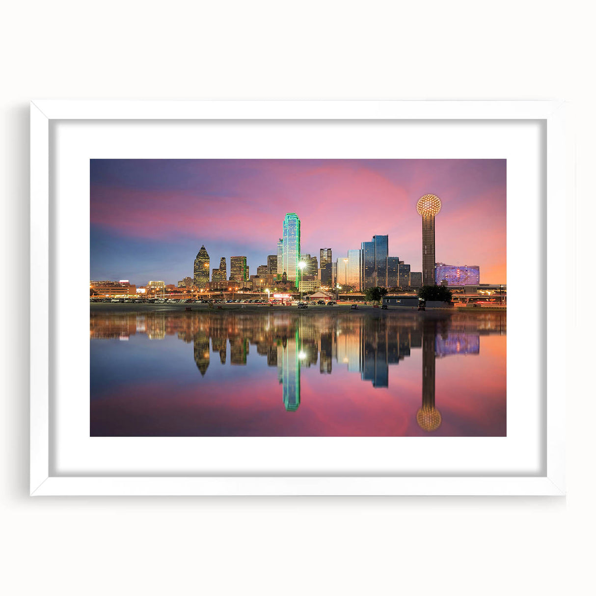 Abstract art print of Dallas skyline in muted gray and blue tones on a framed white mat.