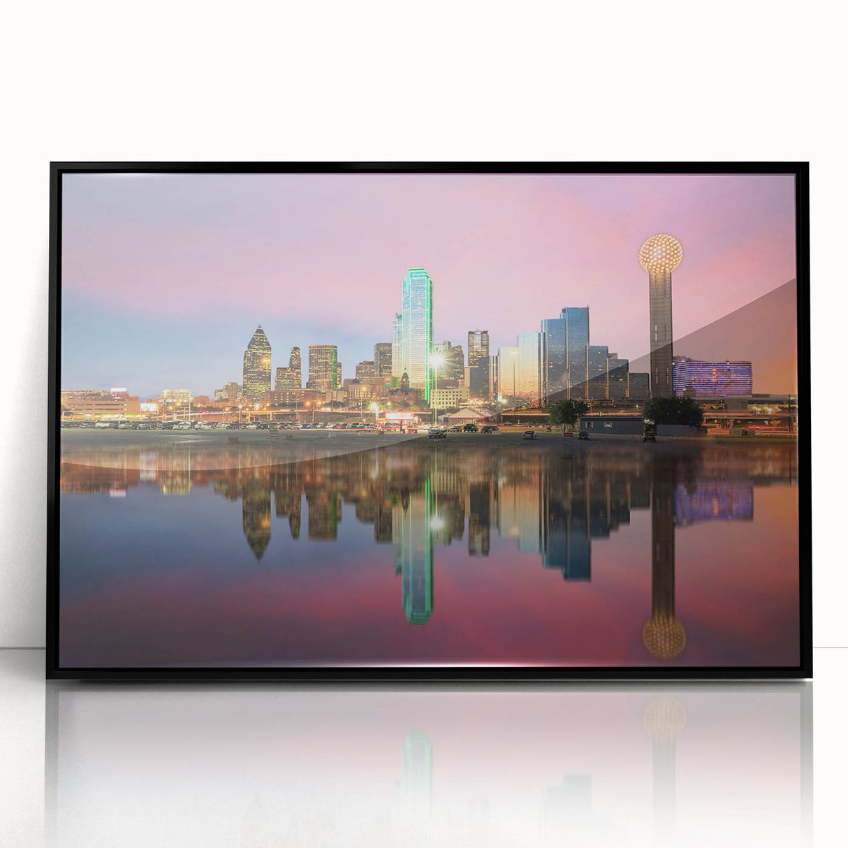 Large abstract wall art depicting the Dallas skyline, in muted gray tones on a framed acrylic.