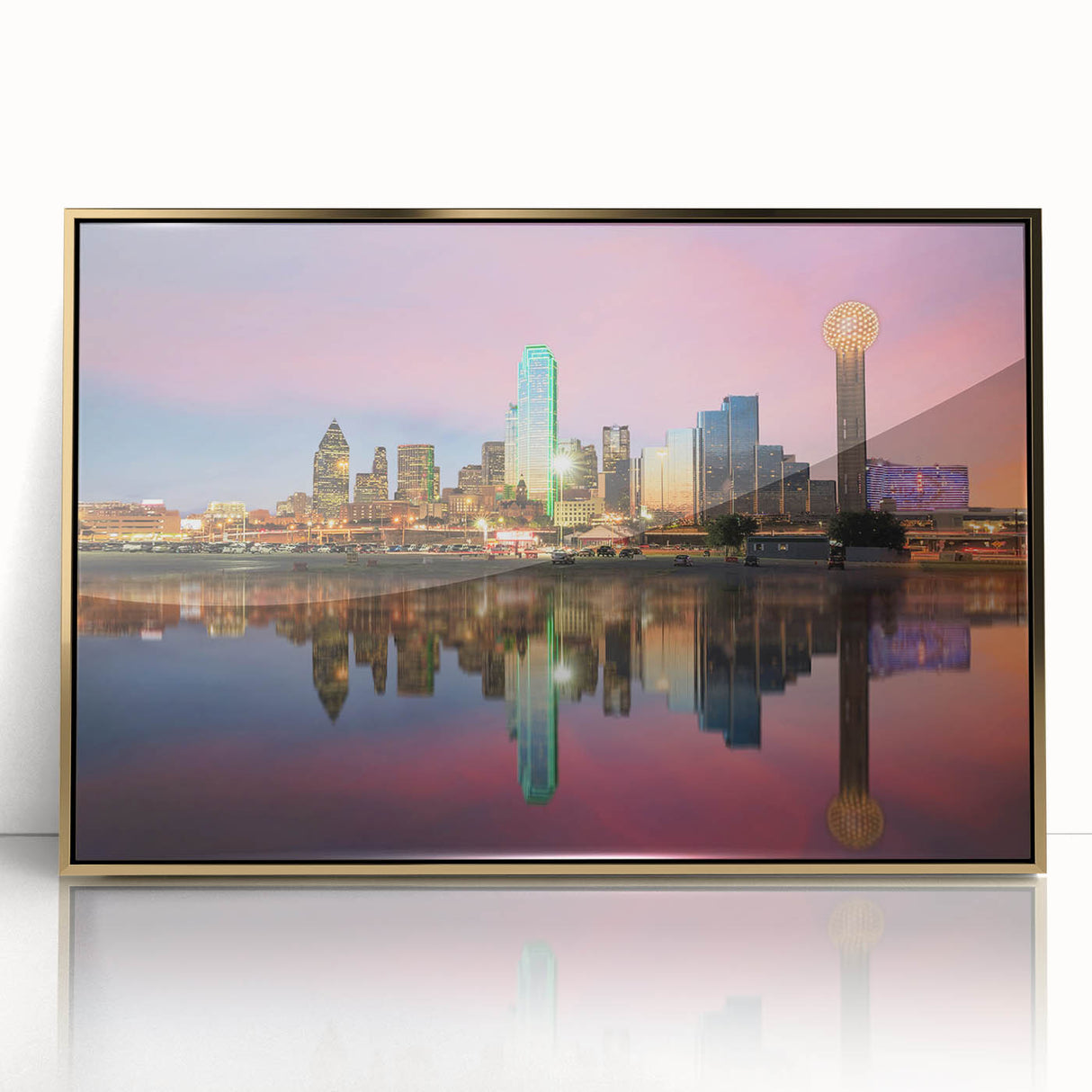 Framed acrylic print of Dallas skyline in gold and blue tones, ideal for modern art wall decor.