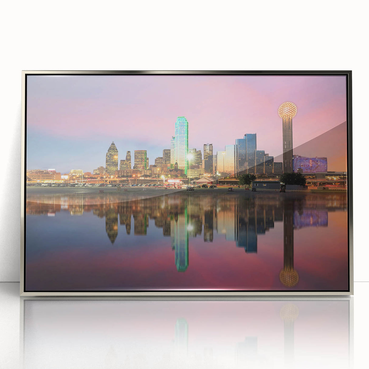 Mid-century modernist art depicting the Dallas skyline in muted blues and grays on a framed acrylic print.