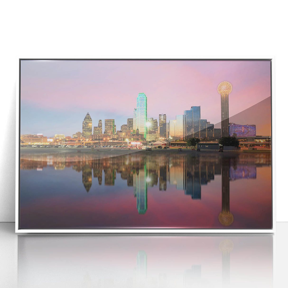 Art deco poster of Dallas skyline in muted gray and blue tones, acrylic print framed in white.