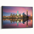Black and white wall art featuring the Dallas skyline on a framed canvas, suitable for bedroom decor.