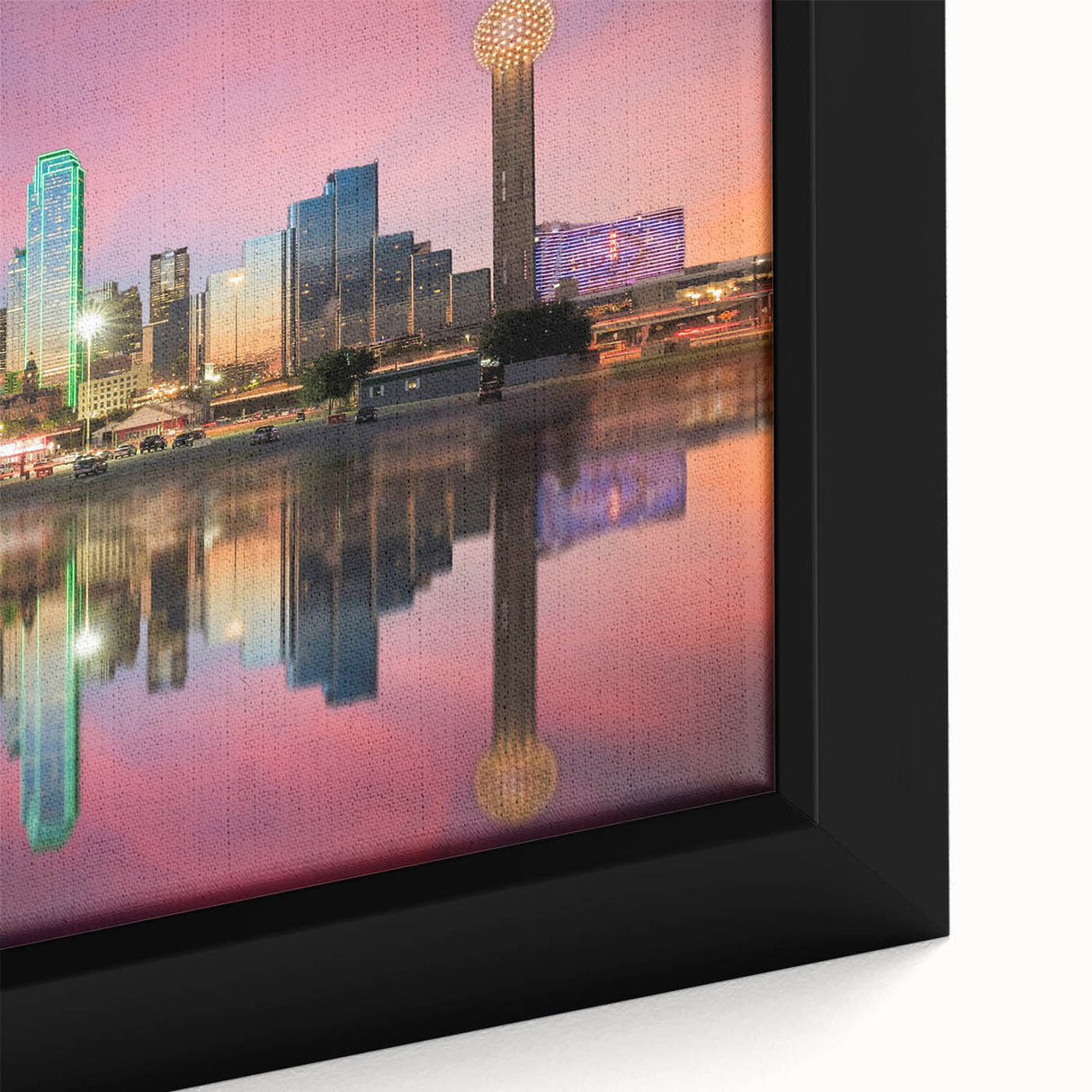 Framed canvas featuring a textured depiction of the Dallas skyline in black with vibrant colorful accents.