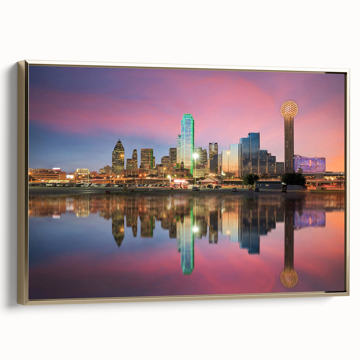 Framed canvas depicting a vintage-style Dallas landscape in muted gold and black tones, ideal for bedroom wall art.