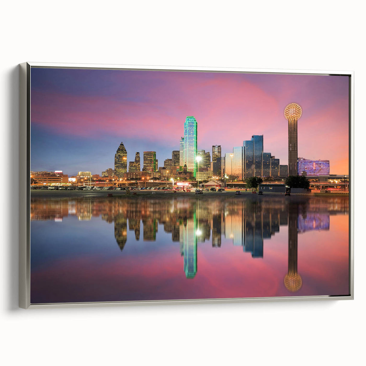 Framed canvas landscape art painting of Dallas skyline in colorful and black tones, suitable for office decor.