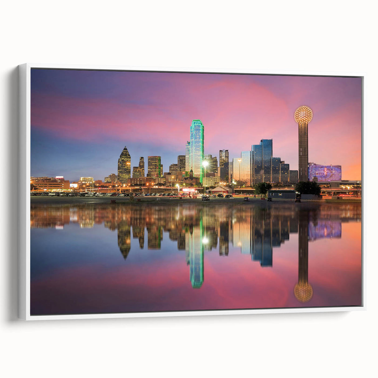 Vintage poster art of Dallas skyline in colorful hues on extra-large framed canvas, ideal for living room decor.