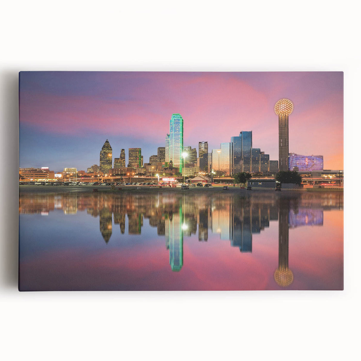 Black and white photograph of the Dallas skyline on a large stretched canvas, suitable for kitchen wall art.