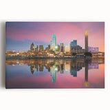 Black and white photograph of the Dallas skyline on a large stretched canvas, suitable for kitchen wall art.