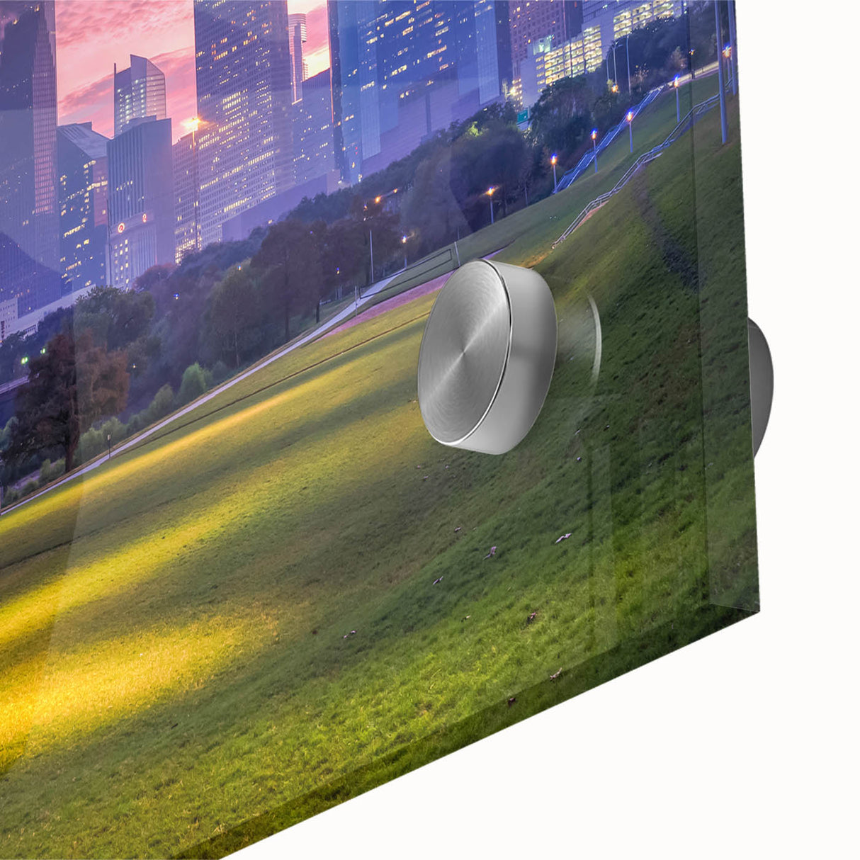 Large abstract depiction of Houston skyline in muted earth tones on acrylic glass, suited for dining room art.