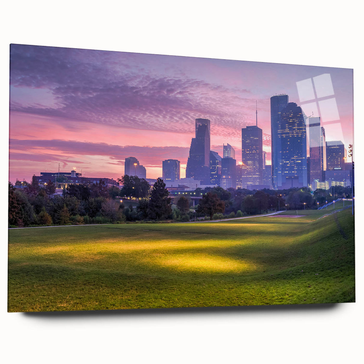 Acrylic print of large abstract Houston skyline in muted gray and blue tones, ideal for bedroom or dining room art.