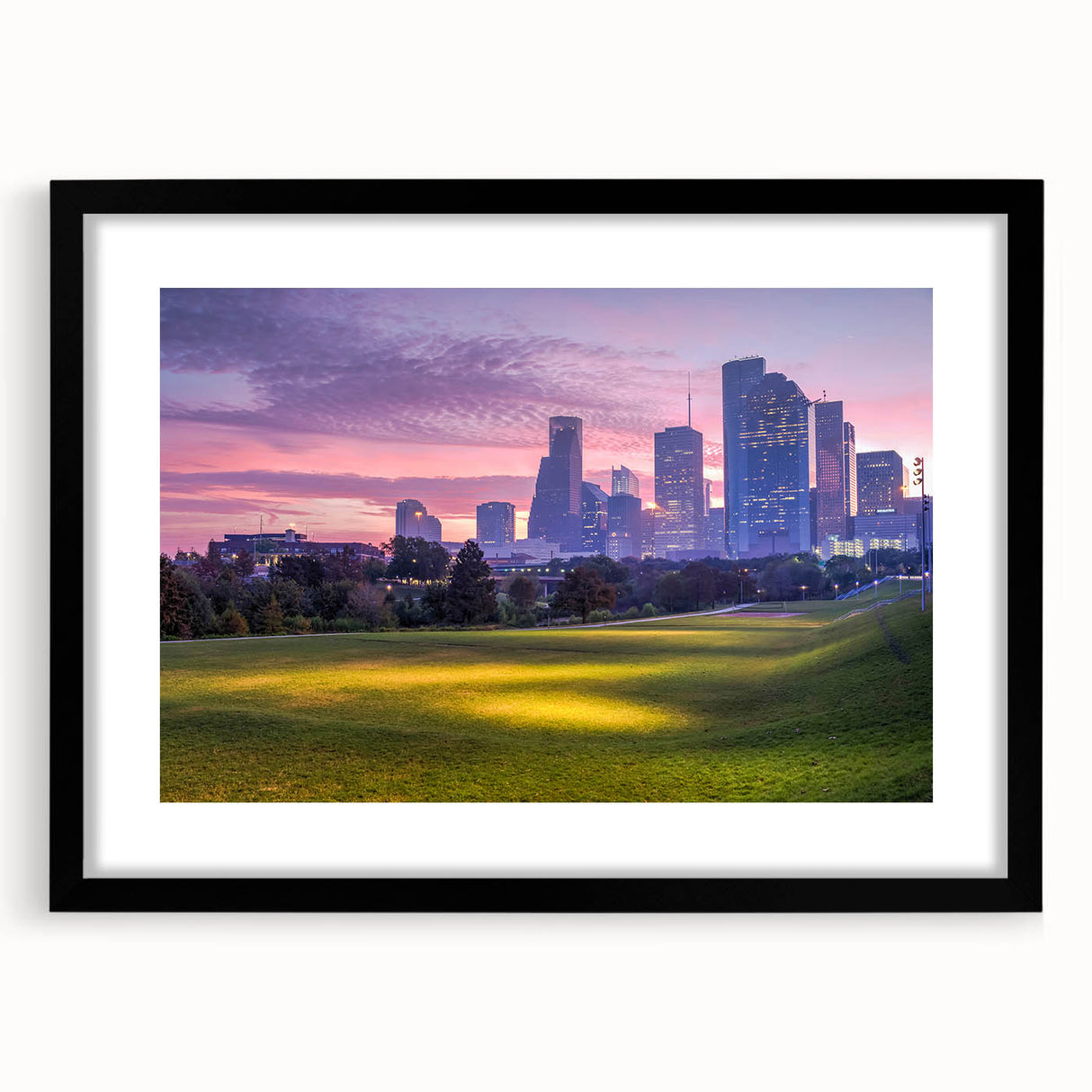 Extra large abstract art print of Houston skyline in vibrant colors on a textured canvas, ideal for living room decor.