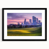 Extra large abstract art print of Houston skyline in vibrant colors on a textured canvas, ideal for living room decor.