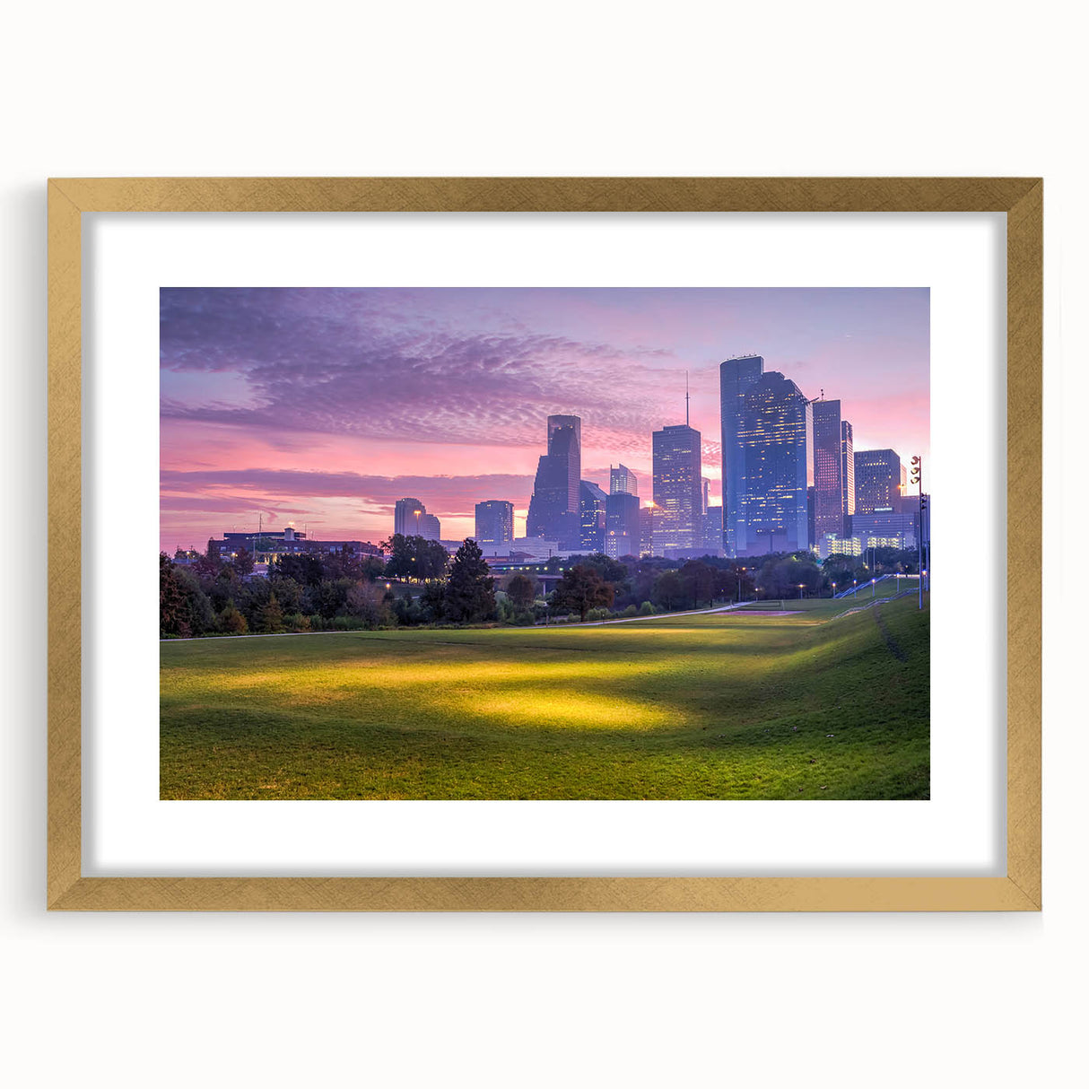 Extra large wall art featuring a textured abstract print of the Houston skyline in muted gold and gray tones.