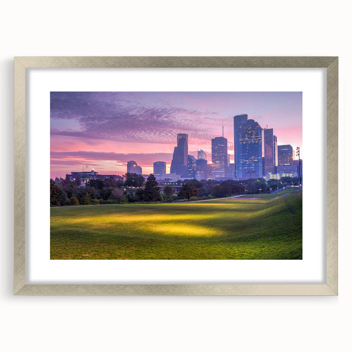 Textured abstract art print of Houston skyline in muted gray and silver frame, ideal for bedroom art.
