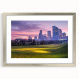 Textured abstract art print of Houston skyline in muted gray and silver frame, ideal for bedroom art.