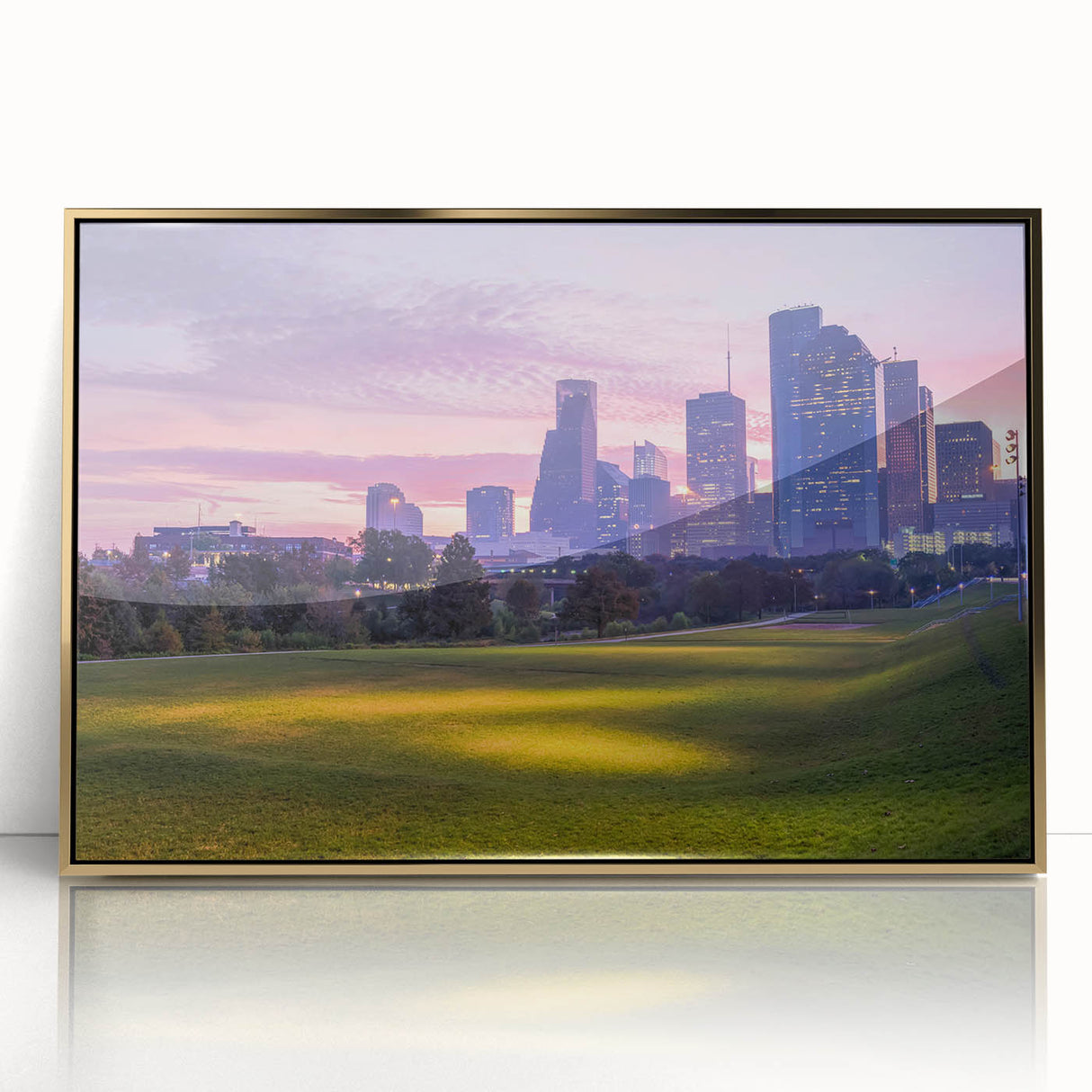 Framed acrylic print of Houston skyline in muted gold tones, ideal for modern art wall decor.