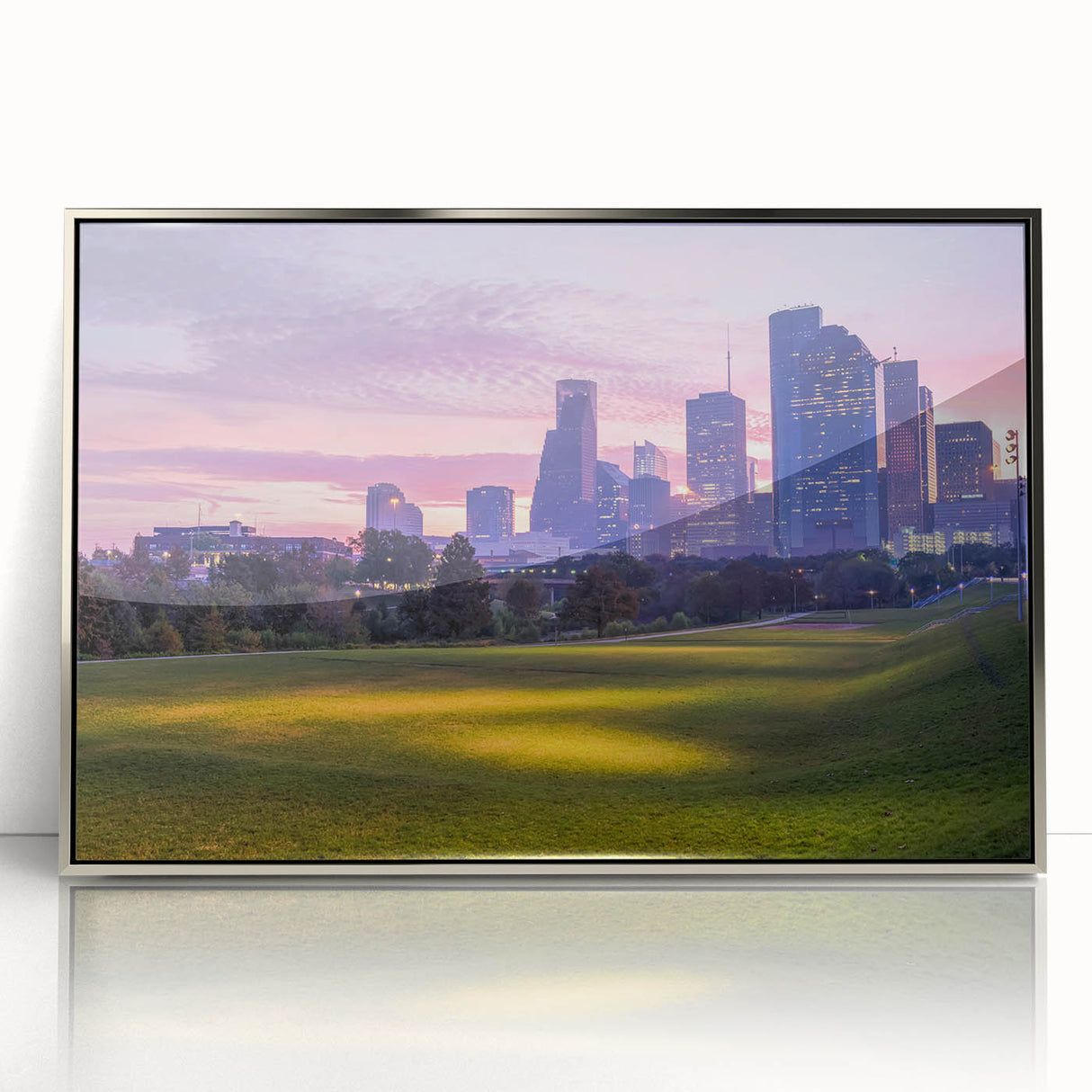 Mid-century modernist art depicting the Houston skyline in acrylic, framed in silver, suited for nursery wall decor.