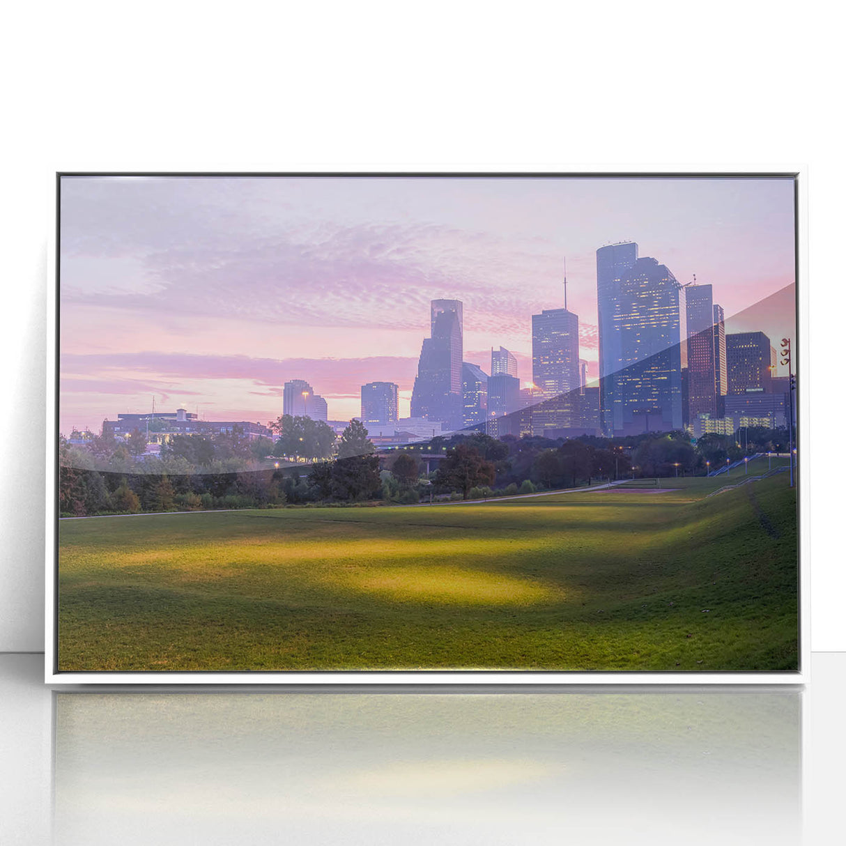 Acrylic print of Houston skyline in art deco style with pastel shades, ideal for modern nursery wall art.