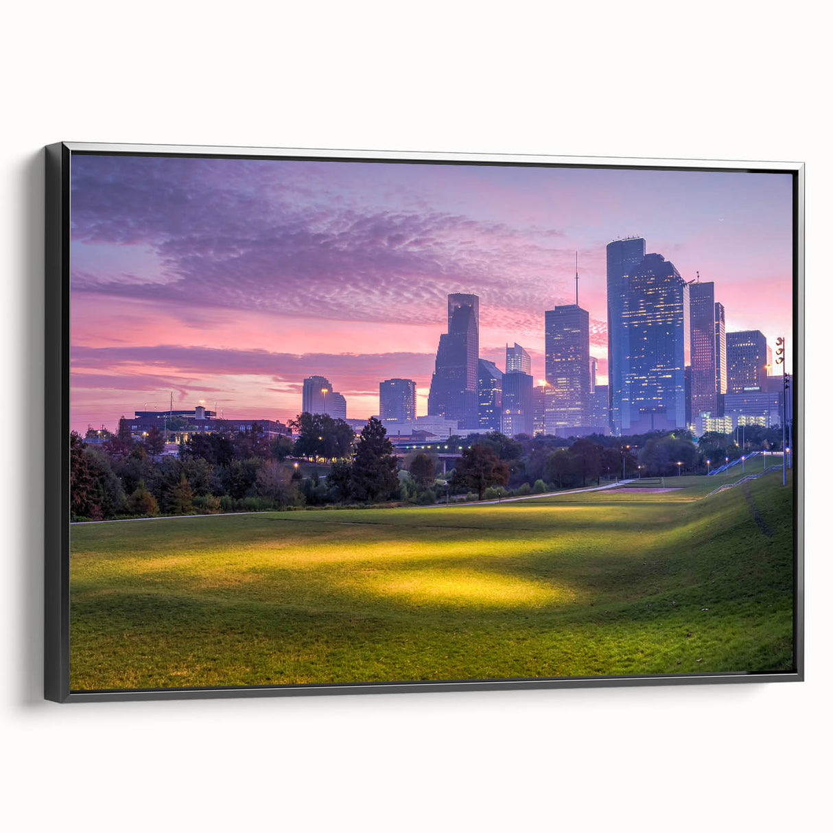 Framed canvas featuring a black and white vintage poster art of Houston landscape, ideal for bedroom wall decor.