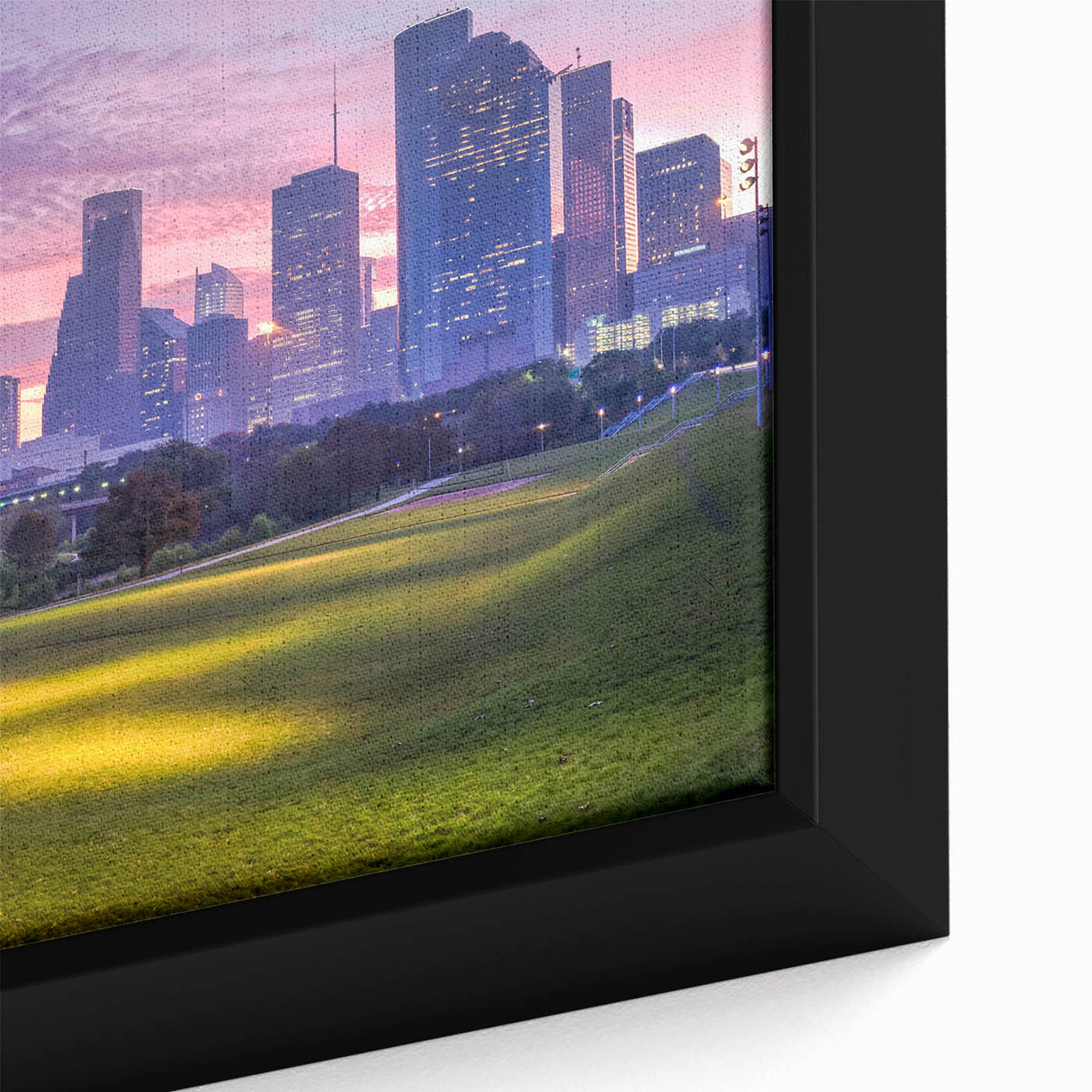 Framed canvas of textured Houston skyline in black with colorful highlights, suitable for large living room walls.