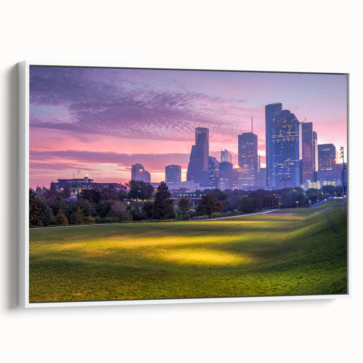 Framed vintage poster art of Houston skyline in vibrant colors on extra large canvas, ideal for living room decor.