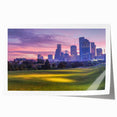 Extra large rolled print of Houston skyline in muted gray and blue tones, ideal for dining room wall art.