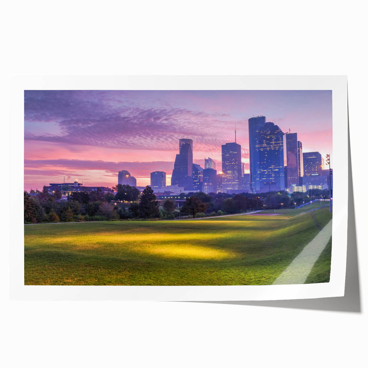 Extra large rolled print of Houston skyline in muted gray and blue tones, ideal for dining room wall art.