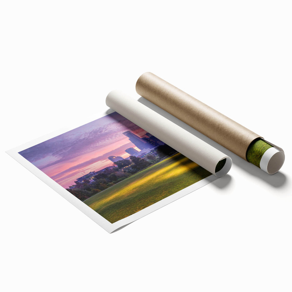 Extra large rolled print depicting vibrant floral art against a Houston skyline, ideal for classy bathroom wall art.