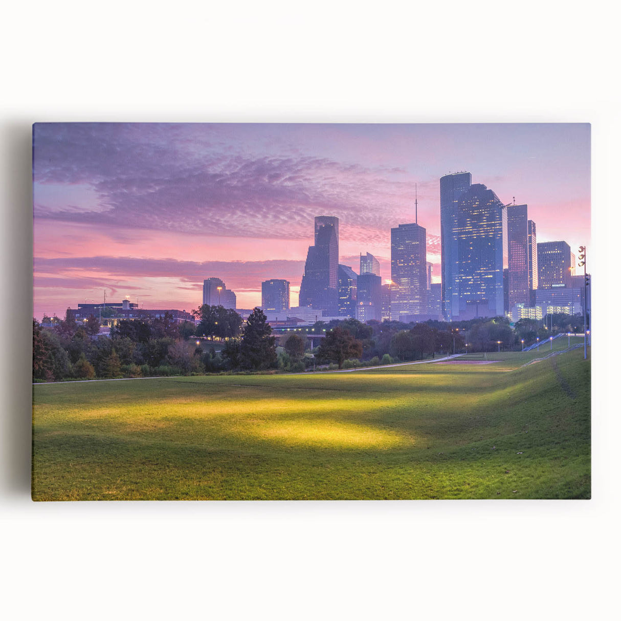 Black and white large art print of Houston skyline on stretched canvas, suitable for kitchen wall art.
