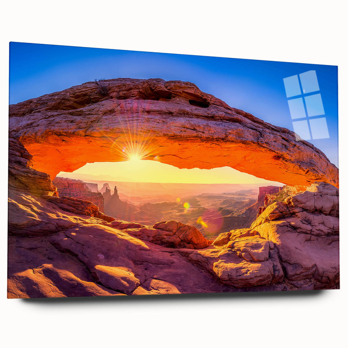 Large abstract wall art of Arches National Park in Utah on acrylic glass, featuring earthy red and orange tones.