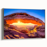 Landscape art painting of Arches National Park on framed canvas with a vintage poster style in colorful tones.