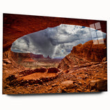 Large abstract wall art of Utah's Canyonlands in muted earth tones on acrylic glass, ideal for bedroom or dining room decor.