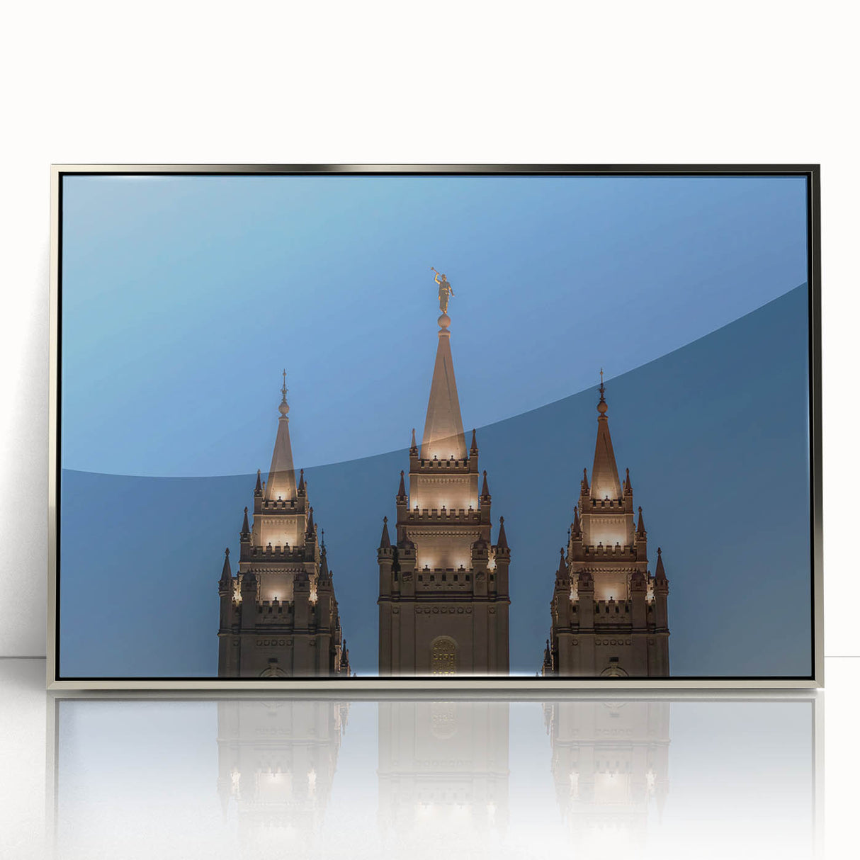 Mid-century modernist art depicting the Salt Lake City skyline in muted blue tones on a framed acrylic print.