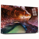 Acrylic print of Zion National Park with vivid green and red tones, ideal for dining room decor.