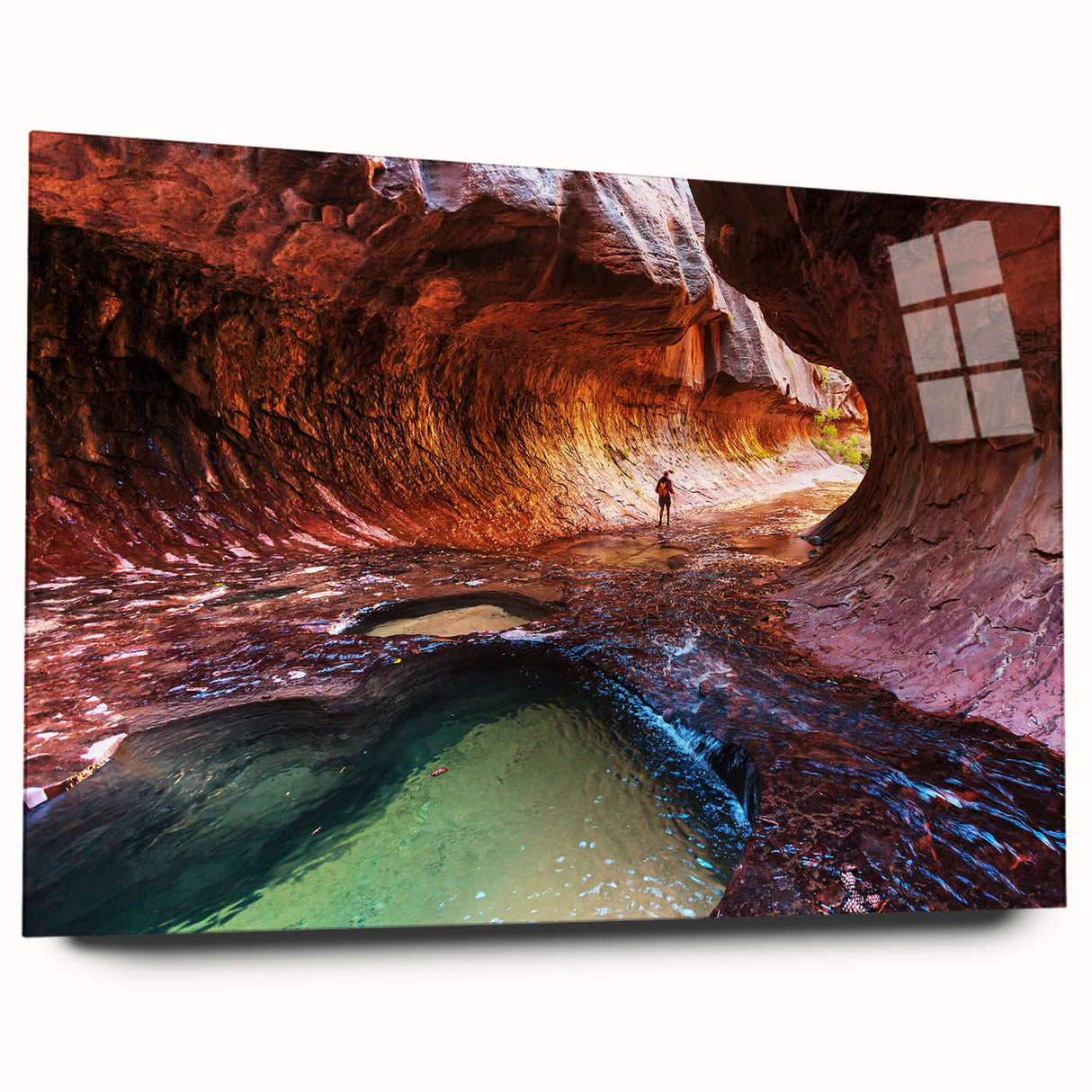 Large abstract wall art of Zion scenery on acrylic glass, in earth tones, ideal for bedroom or dining room decor.