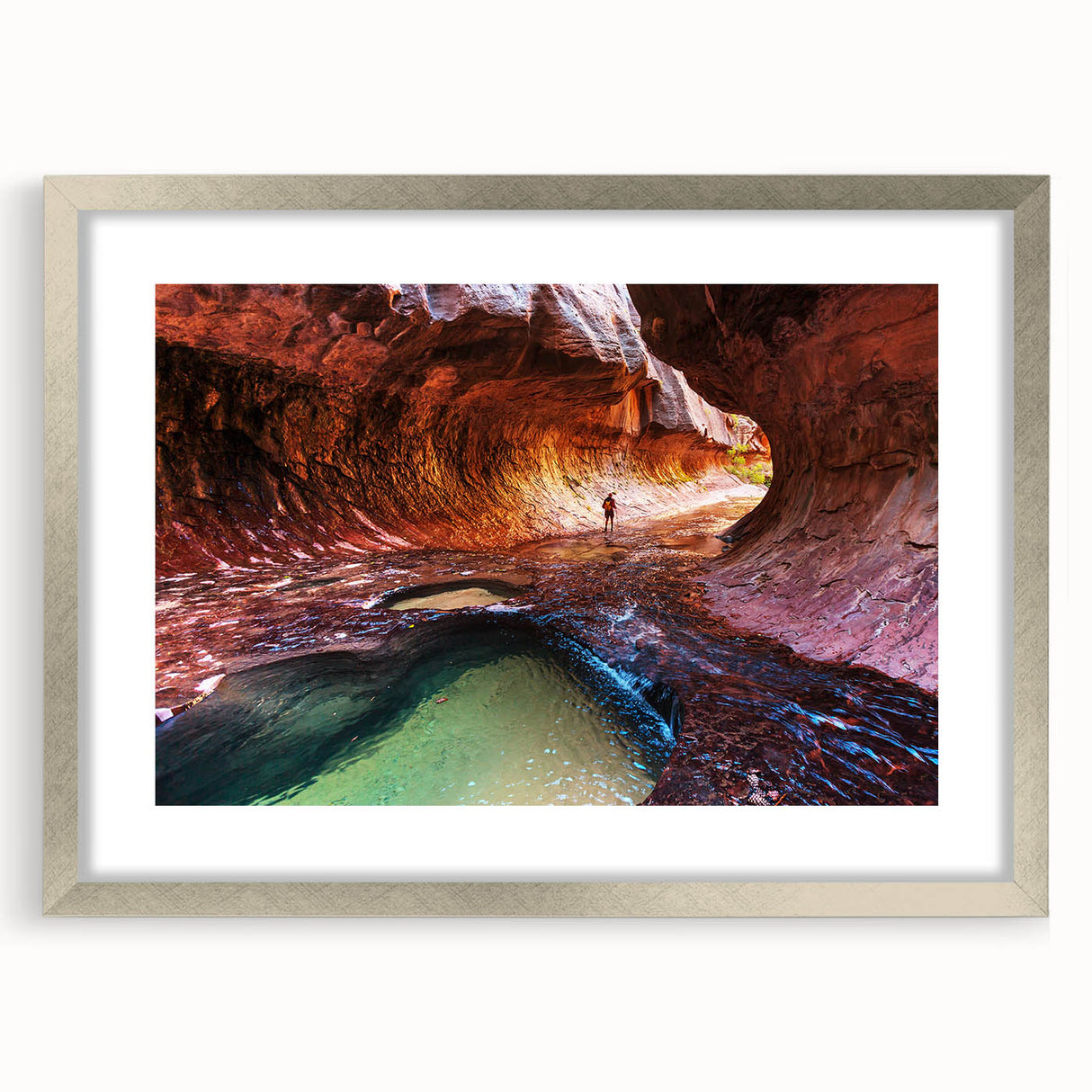 Textured art print of Zion National Park with abstract elements, in a silver frame, suited for bedroom decor.