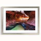 Textured art print of Zion National Park with abstract elements, in a silver frame, suited for bedroom decor.