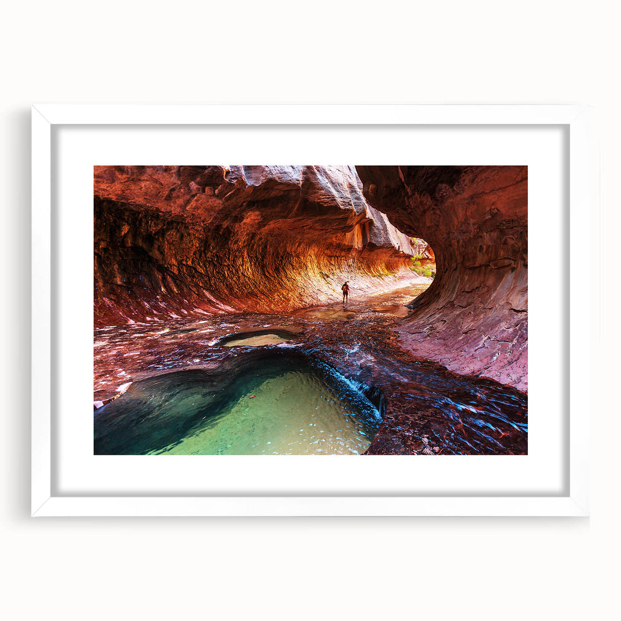 Abstract art print of Zion National Park in muted earth tones on a white framed canvas.