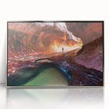 Mid-century modernist art depicting Zion National Park in muted earth tones on a silver-framed acrylic print.