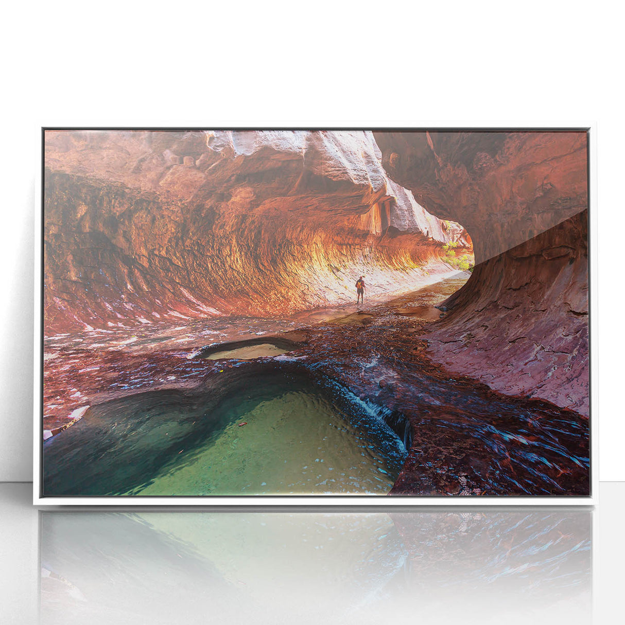 Acrylic print of Zion National Park in Utah, featuring muted earth tones and a white frame, ideal for modern art wall decor.