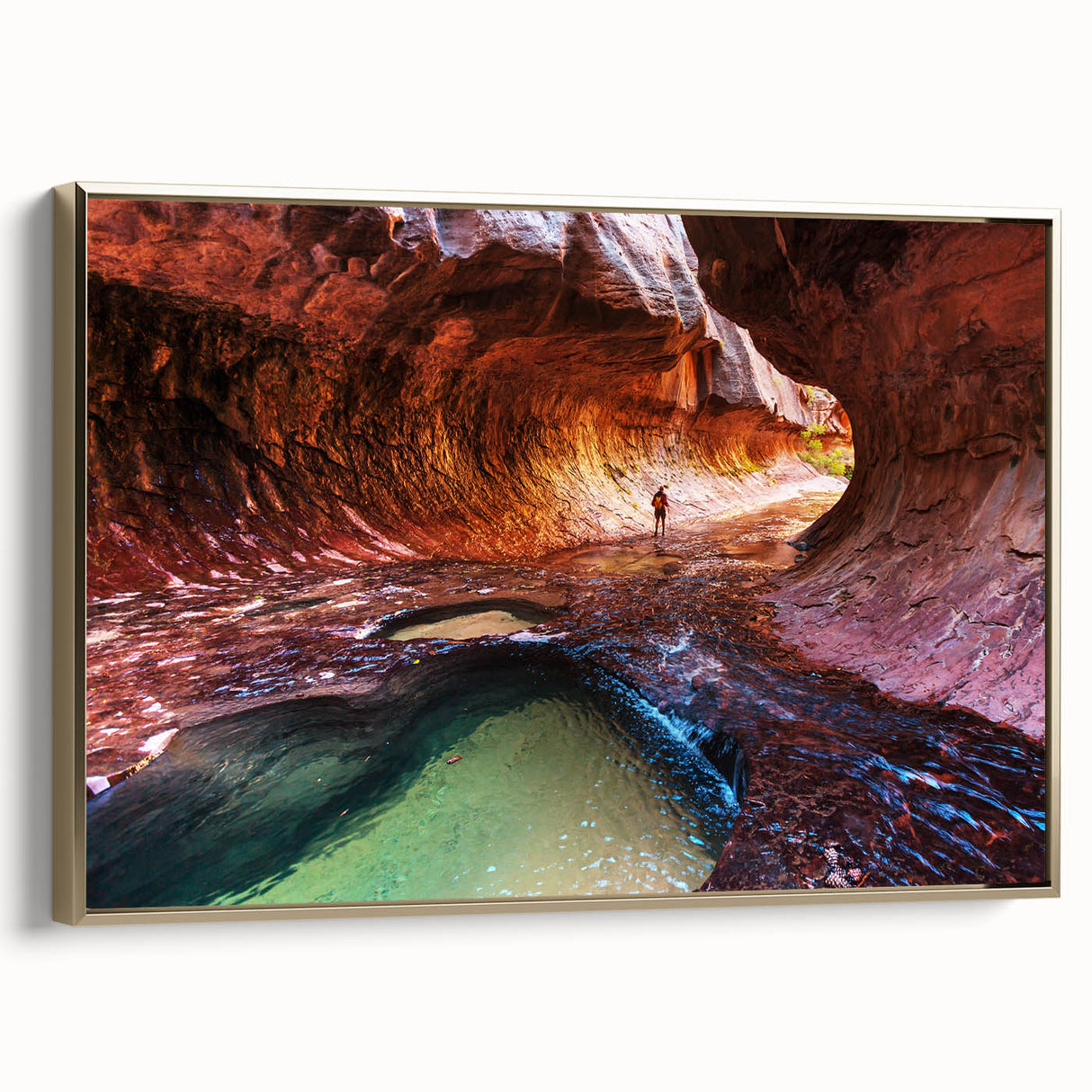 Framed canvas featuring a vintage-style landscape painting of Zion National Park in muted earth tones.