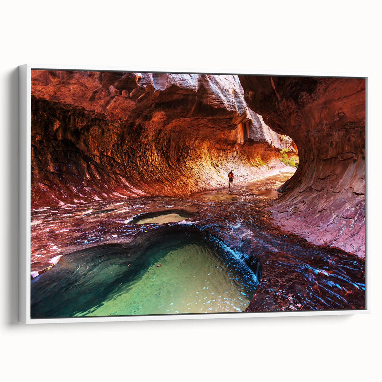 Vintage poster art of Zion National Park on framed canvas, featuring a colorful palette, ideal for living room decor.